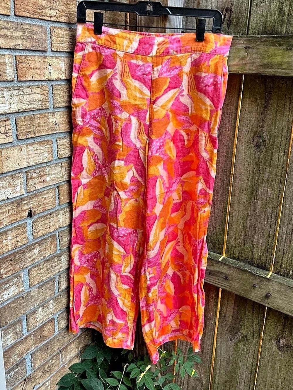 Cynthia Rowley Vibrant Floral Wide Leg 100% Linen Pants Pink & Orange